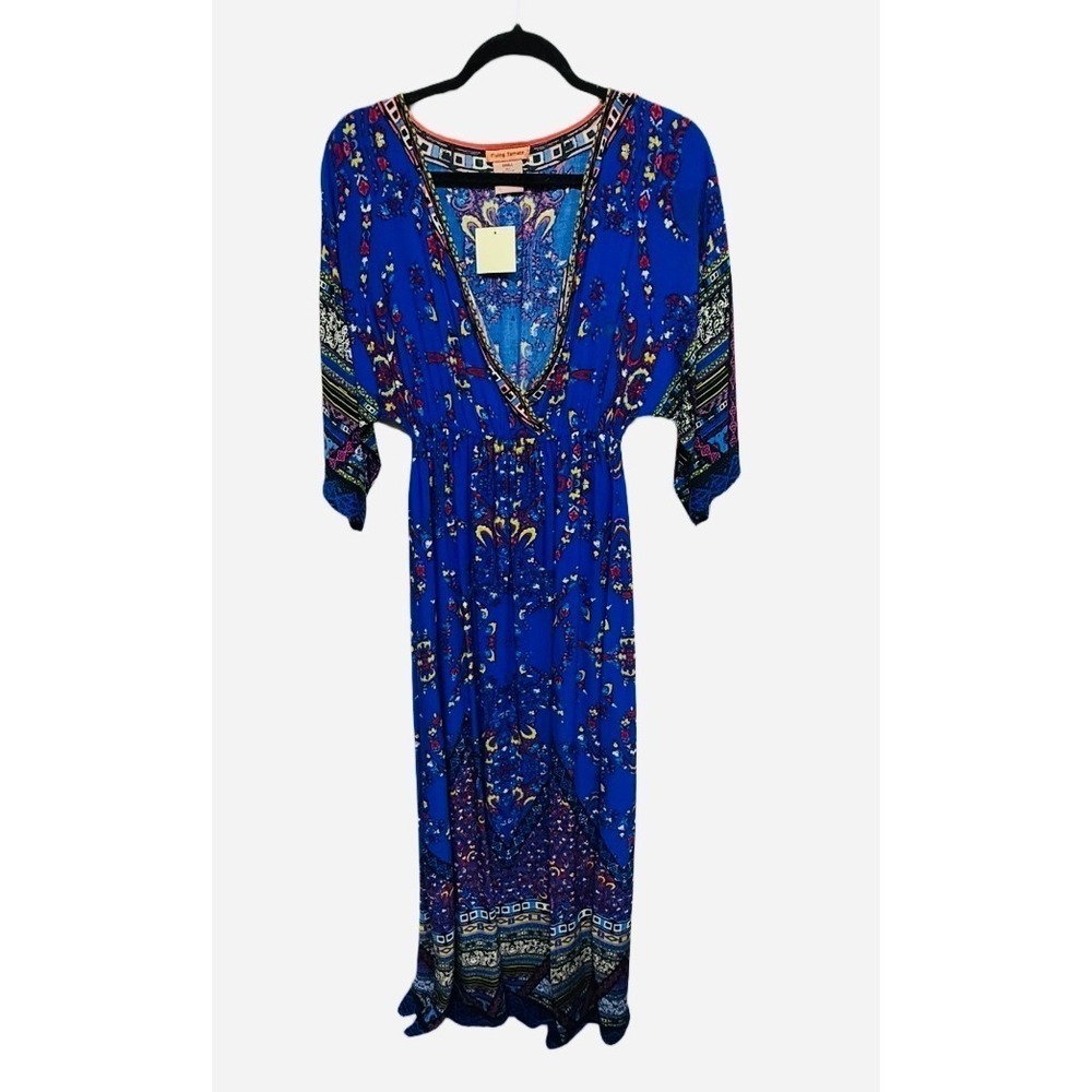 Anthropologie Fly Tomato Geometric Boho Retro Blue Maxi Dress NWT Size Small